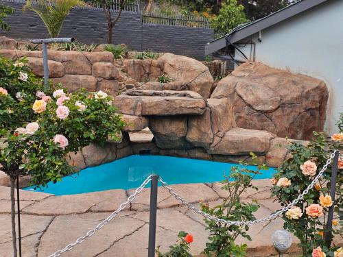 a pool in a garden with a cat laying on a rock waterfall at The Haven: Make our Home your Home in Estcourt