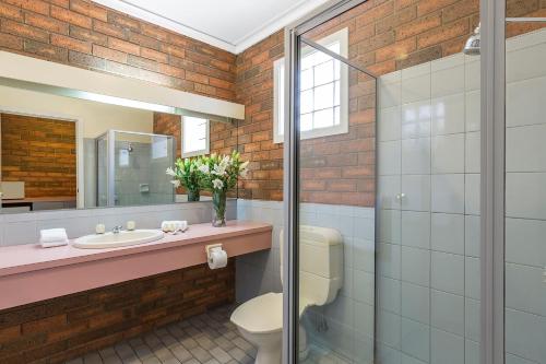a bathroom with a sink and a toilet and a mirror at Cathedral Motor Inn in Bendigo