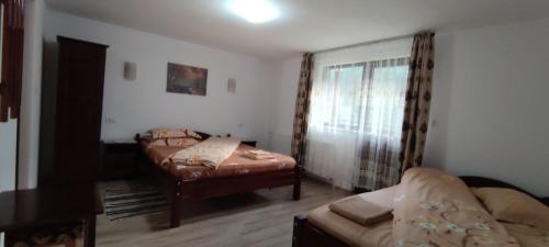 a living room with a couch and a bed in it at Cabana Inima Munților in Gîrda de Sus