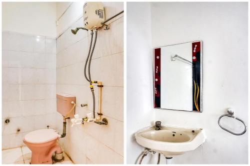 two pictures of a bathroom with a toilet and a sink at Hotel Anupark in Sakri