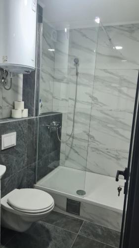 e bagno con servizi igienici e doccia in vetro. di Apartman URBAN -1floor a Brčko
