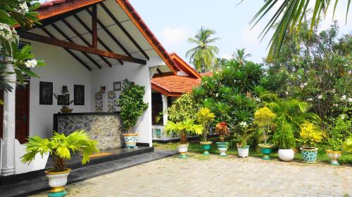 a garden in front of a house with potted plants at Regina Beach Bungalow in Trincomalee
