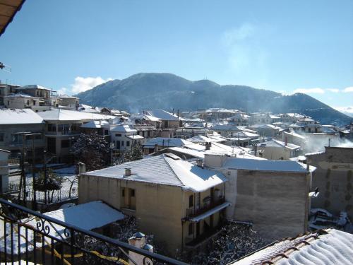 a city with snow covered roofs and buildings at Rigas Hotel Arachova in Arachova