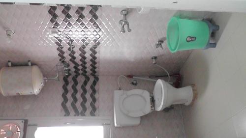 ein Badezimmer mit einem WC und einem grünen Spender in der Unterkunft Lakshay Regency in Shimla