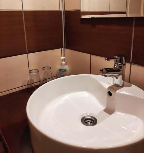 a white sink with a faucet in a bathroom at Tisza Lodge B&B - Panzió in Tiszaderzs