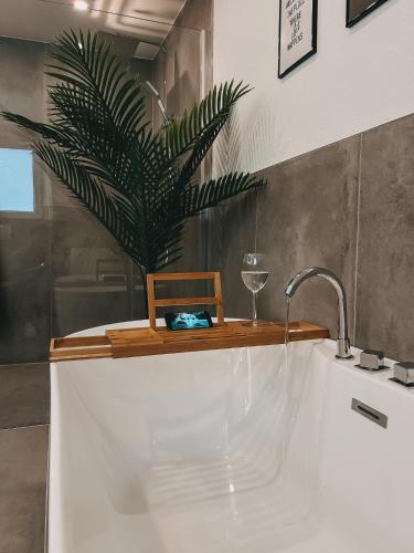 a sink with a wine glass and a plant at MODERNHOUSE KO26 in Koblenz