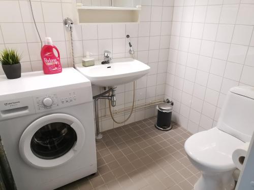 a bathroom with a washing machine and a sink at Hiisi Homes Nummela Härköilänsyrjä in Nummela