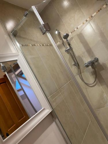 uma casa de banho com um chuveiro e uma porta de vidro em The Barn em Haxby