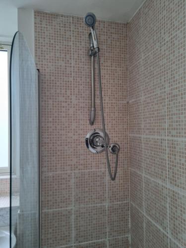 een douche in een badkamer met bruine tegels bij Deluxe apartment Sleeps up to 6 in Leicester