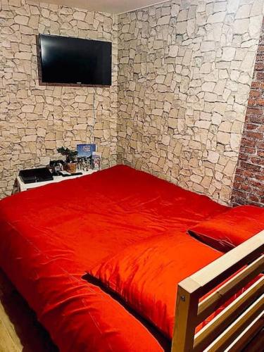- une chambre avec un lit rouge et une télévision sur un mur en pierre dans l'établissement La chambre des secrets Perougien, à Pérouges
