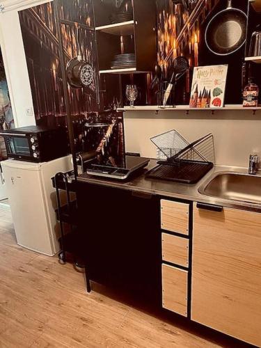 une cuisine avec un évier et un plan de travail dans l'établissement La chambre des secrets Perougien, à Pérouges