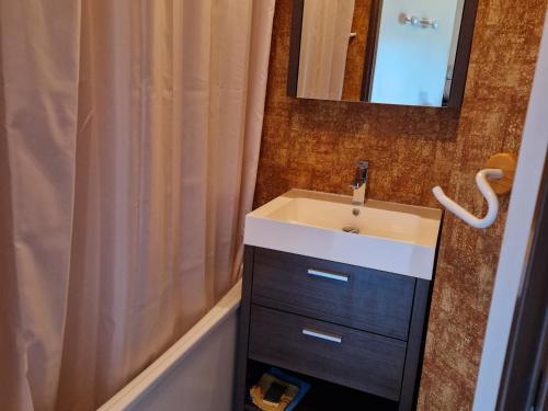 a bathroom with a sink and a shower curtain at Studio La Plagne Montalbert , 1 pièce, 4 personnes - FR-1-755-3 in Aime-La Plagne