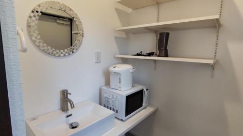 a bathroom with a sink and a microwave at Basic Hotel Chichibu in Chichibu