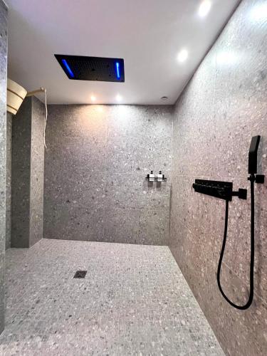 a shower in a room with a tile wall at Le Zen - Sauna - Balnéo - Sparoom Sarreguemines in Sarreguemines