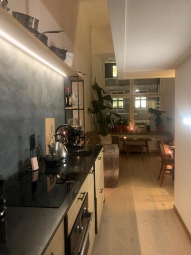 a kitchen with black counter tops and a living room at Downtown Elegance in Oslo