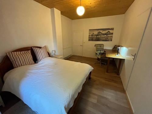 une chambre avec un lit et un bureau dans l'établissement Maison provençale, à Pierrelatte
