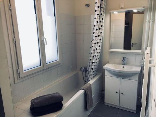 La salle de bains est pourvue d'un lavabo, d'une baignoire, d'un lavabo et d'un miroir. dans l'établissement 3 bedrooms apartment, Parisian style, à Paris