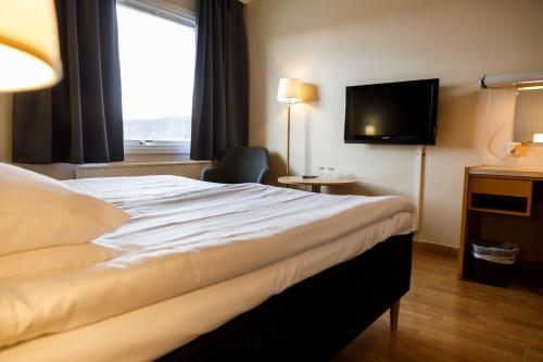 a hotel room with a bed and a television at Hotell Nyboholm in Ulricehamn