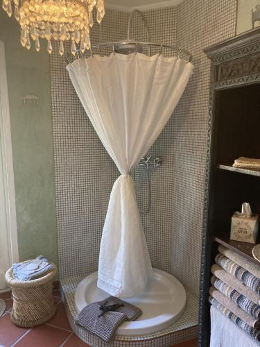 a bathroom with a sink with a curtain at Romantikurlaub im Zirkuswagen in Hümmel