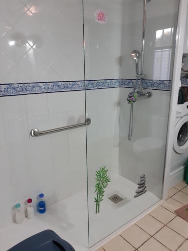 La salle de bains est pourvue d'une douche avec une porte en verre. dans l'établissement Anacasa Villa Faig Playa Burguera Terranova CH2500, à Oliva