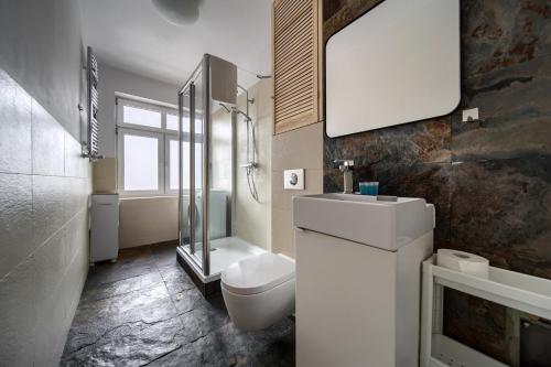 a bathroom with a toilet and a sink and a mirror at Park Szczytnicki Cosy Apartment in Wrocław