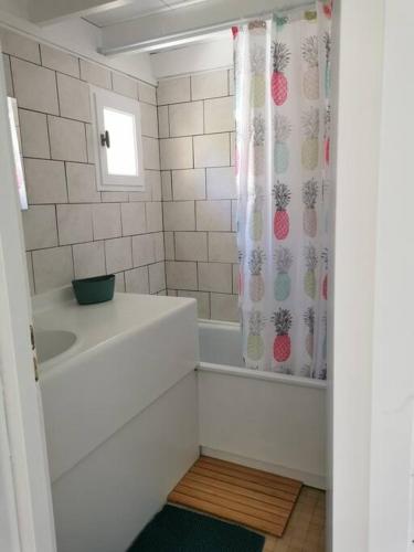 une salle de bain avec une baignoire, un lavabo et un rideau de douche dans l'établissement The place to be, à Barneville-Carteret