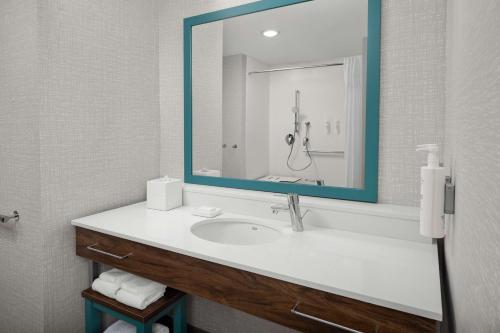 a bathroom with a sink and a mirror at Hampton Inn Orlando Southeast Nona in Orlando