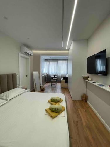 una grande camera da letto con un grande letto e una televisione di Sunshine Apartment Tirana, Sheshi Wilson a Tirana