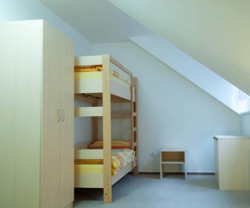 a room with a bunk bed and a staircase at Krásný apartmán uprostřed Jeseníků in Bruntál