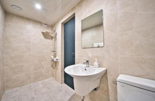 a bathroom with a sink and a toilet and a mirror at Hotel Daon in Pohang