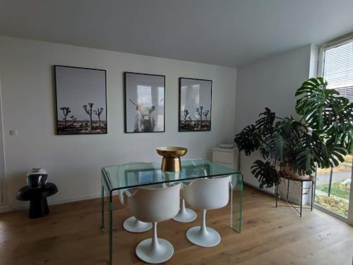 une salle à manger avec une table en verre et une plante dans l'établissement Magnifique appartement proche de Paris et de Disney, à Lognes
