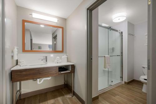 a bathroom with a sink and a shower at Hampton Inn Linden in Linden