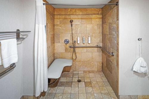 een badkamer met een douche en een bank. bij Hampton Inn Miami, Oklahoma in Miami