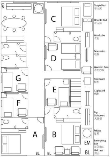 a plan of a building with the alphabet at Lung Tok Entreprise 茶馆民宿 in Bukit Mertajam