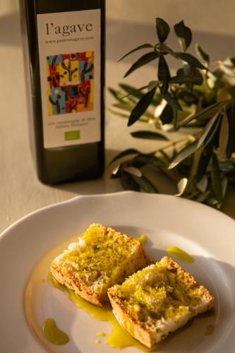 a plate with two pieces of bread and a bottle of wine at Agriturismo Podere L'Agave in San Vincenzo
