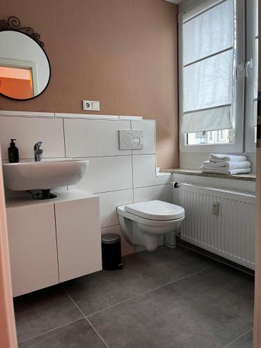uma casa de banho com um WC, um lavatório e uma janela em Ferienwohnung Schaaf em Limburg an der Lahn
