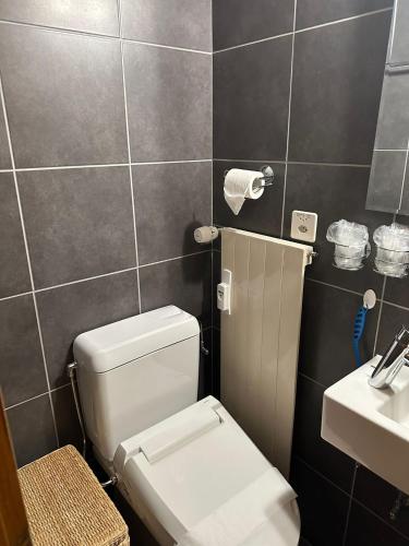 a bathroom with a white toilet and a sink at Chambre Indépendante Valdor in Crans-Montana