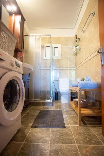 a bathroom with a washing machine and a toilet at Irida's house in Kefallonia