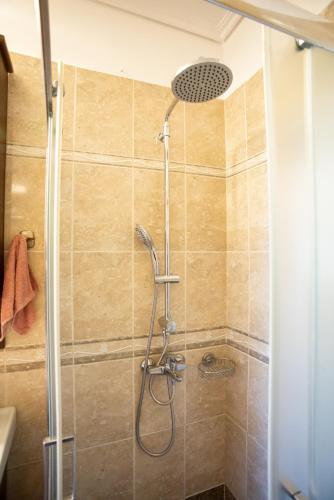 a shower with a shower head in a bathroom at Irida's house in Kefallonia