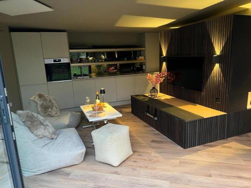 a living room with a tv and a couch and a table at Contemporary Annex in Woodstock