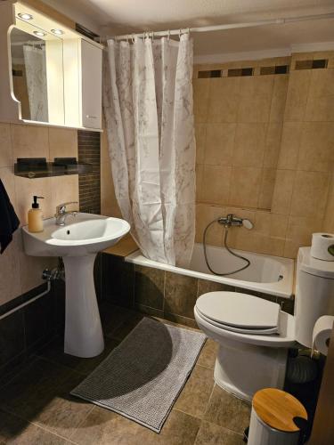 een badkamer met een toilet, een wastafel en een douche bij Syggrou Open View Apt in Thessaloniki