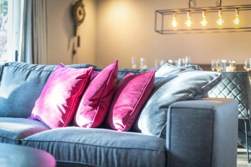 凱圖姆的住宿－Stina，蓝色的沙发,上面有粉红色的枕头