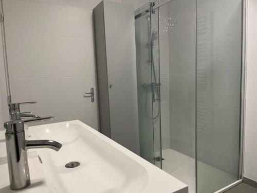 La salle de bains est pourvue d'un lavabo et d'une douche en verre. dans l'établissement La Villa Coquette, à Vouvray