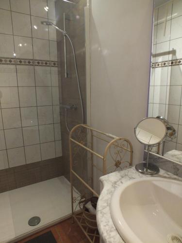 een badkamer met een douche en een wastafel bij B&B Le Club de la Source in Hannut