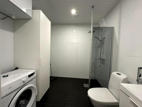 a bathroom with a washing machine and a toilet at Kotimaailma apartments#2 Uusi kaksio keskustassa in Seinäjoki