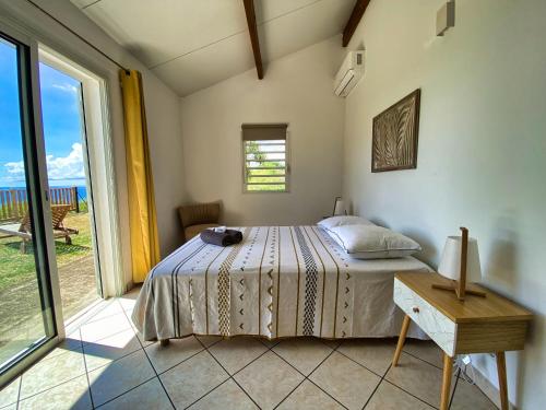 a bedroom with a bed and a view of the ocean at Villa détente vue mer st leu 6 personnes in Saint-Leu