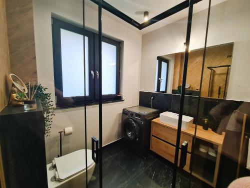 a bathroom with a washing machine and a washer at LEŚNA STODOŁA in Łubiana