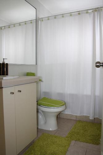 a bathroom with a toilet with a sink and a mirror at Casa Pucon in Pucón