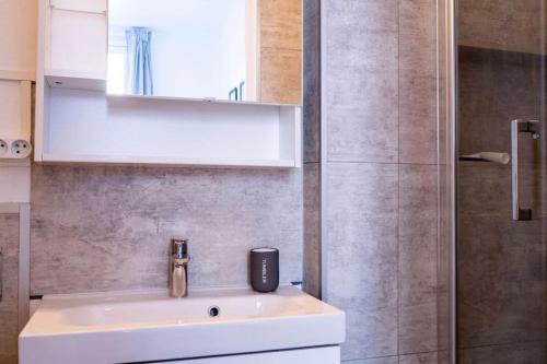 une salle de bain avec un lavabo blanc et une douche dans l'établissement Le Ferdinand T2 en hypercentre, à Poitiers