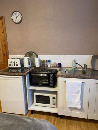 a kitchen with a sink and a microwave at ROOM with SHOWER, TOILET and KITCHENETTE in Tonbridge